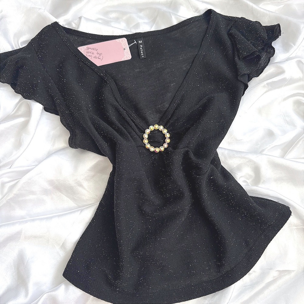 Poleci Black Sparkle Top Rhinestone Ring Detail V-Neck Flutter Sleeve Medium